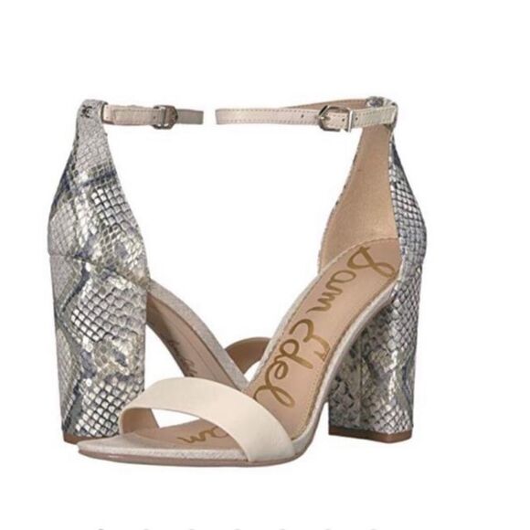 Sam Edelman Yaro Snakeskin Block Heel Open Toe Ankle Buckle Strap Sandals Pumps - Picture 1 of 8